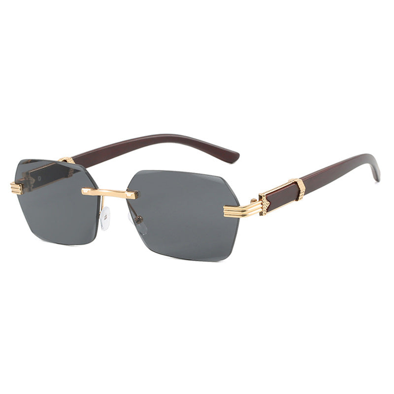 Frameless cut edge sunglasses, small frame wood grain leg sunglasses, irregular square trendy sunglasses, concave design