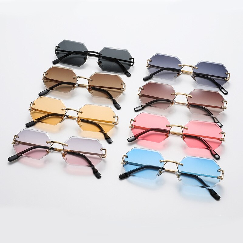 Fashion Ladies Sunglasses Rimless Octagon UV400 Frameless Gold Metal Rectangle Polygon Glasses for Men