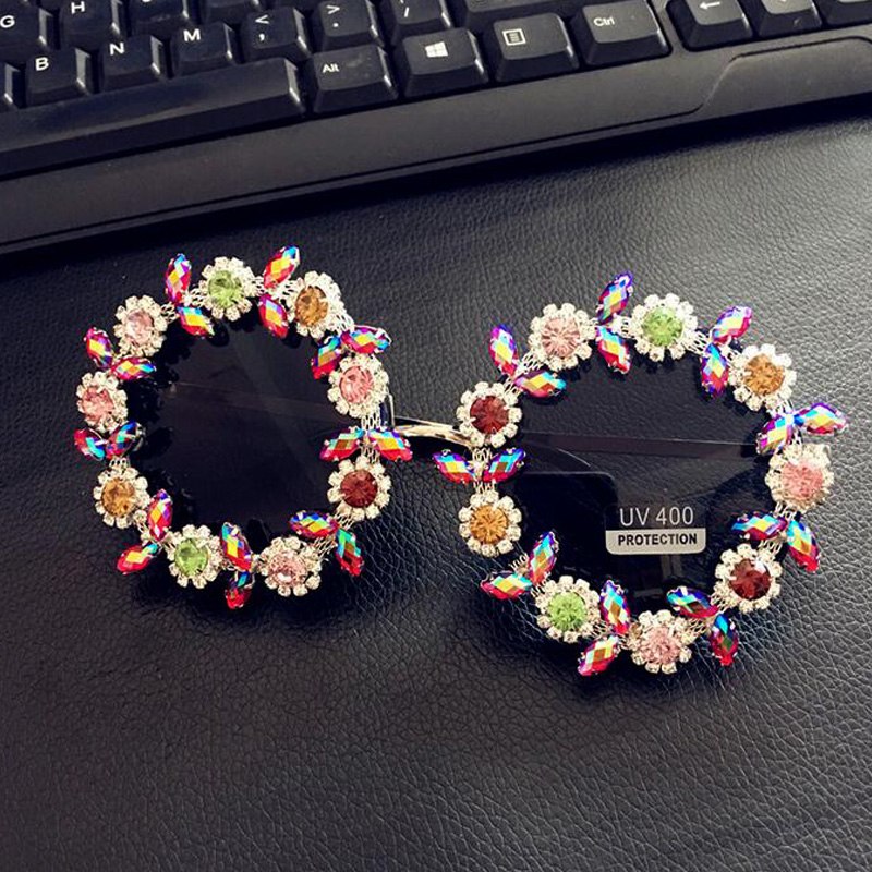 Handmade Vintage crystal Round sunglasses Crystal gems Luxury ladies Sunglasses Beach&Party Women Sunglasses