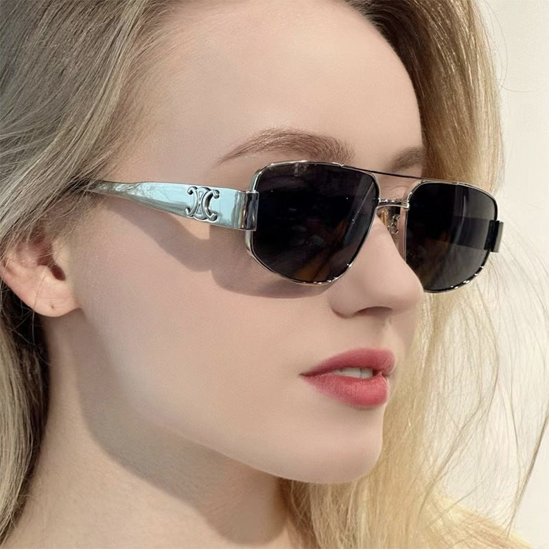 Double beam cat eye sunglasses, metal sunglasses, high-end and trendy sunglasses, women's concave design for photography
