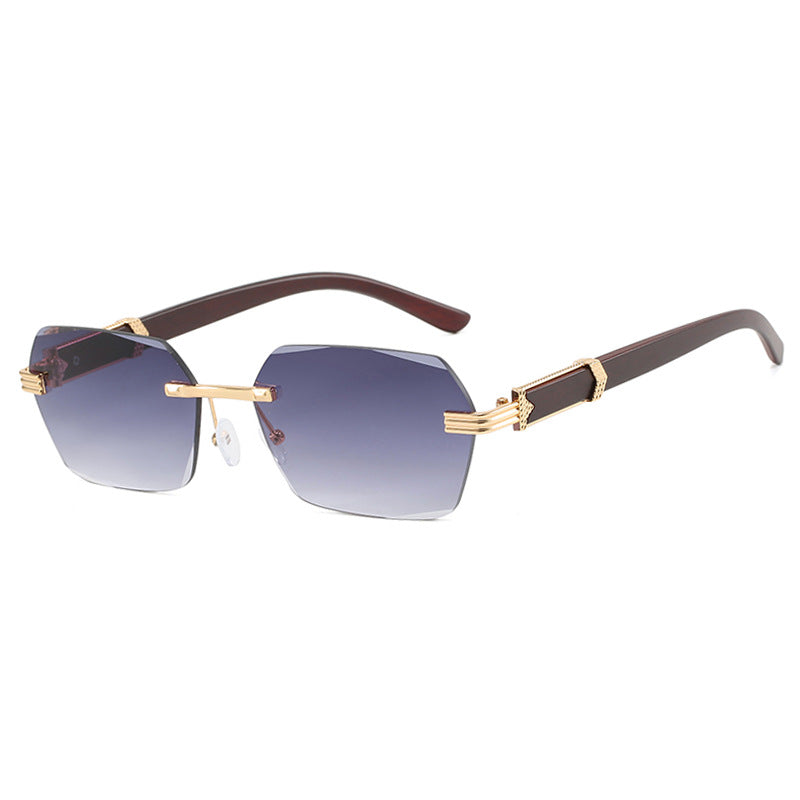 Frameless cut edge sunglasses, small frame wood grain leg sunglasses, irregular square trendy sunglasses, concave design