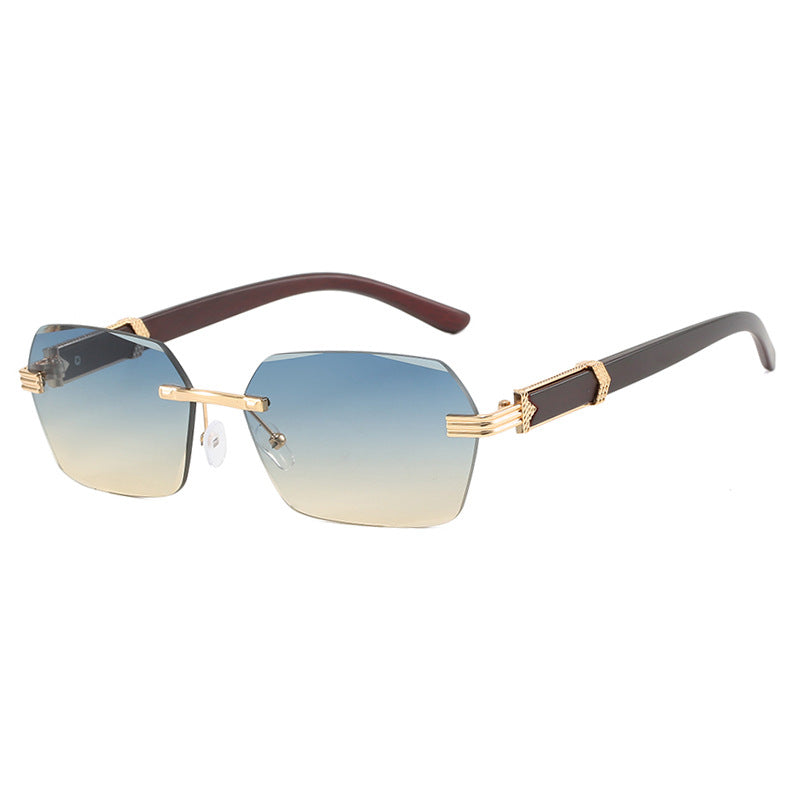 Frameless cut edge sunglasses, small frame wood grain leg sunglasses, irregular square trendy sunglasses, concave design