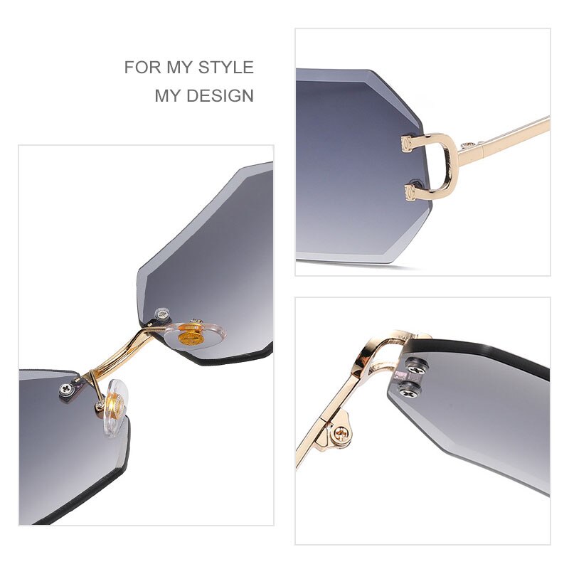 Fashion Ladies Sunglasses Rimless Octagon UV400 Frameless Gold Metal Rectangle Polygon Glasses for Men