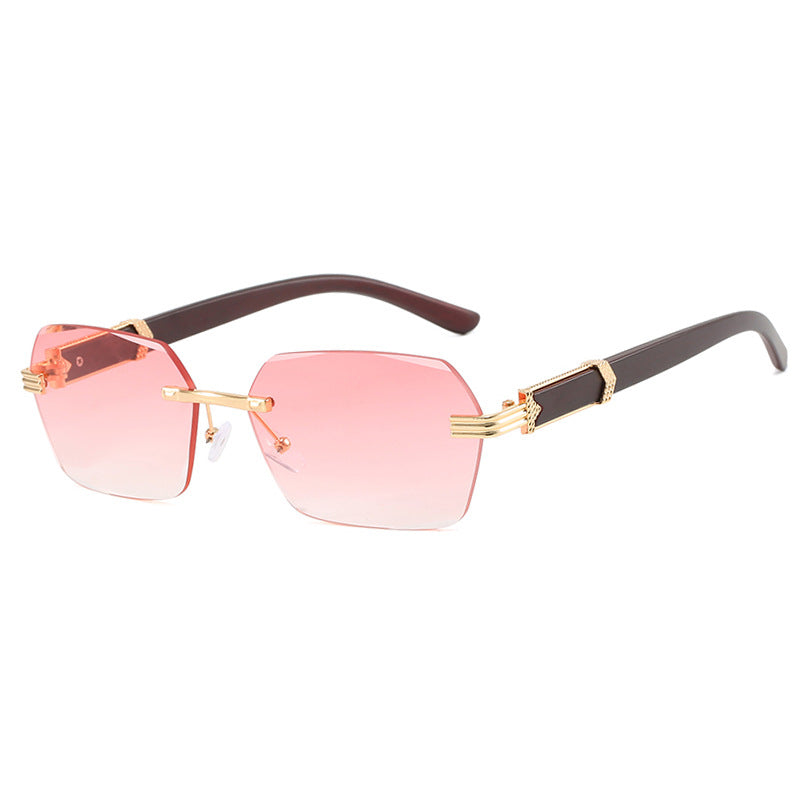 Frameless cut edge sunglasses, small frame wood grain leg sunglasses, irregular square trendy sunglasses, concave design