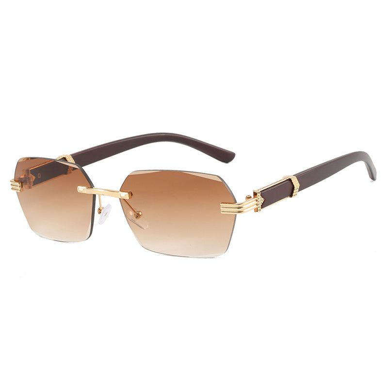 Frameless cut edge sunglasses, small frame wood grain leg sunglasses, irregular square trendy sunglasses, concave design